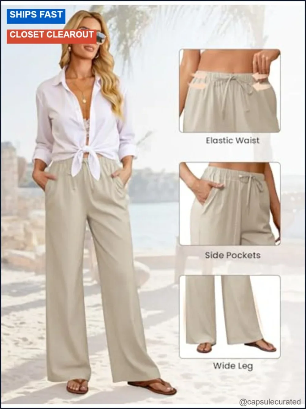 Wide Leg Linen Pants with Pockets Drawstring Trousers Summer Beach